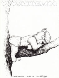 2012 4_toes ambiguous_gender anthro barefoot bear biped branch claws closed_eyes clothing demon dress feet in_tree james_m_hardiman mammal monochrome penance plant sleeping solo toes tree wood