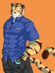 anthro big_muscles biped brown_body brown_eyes brown_fur brown_nose cel_shading clothed clothing felid fully_clothed fur hand_in_pocket hands_in_both_pockets kenn looking_at_viewer male mammal muscular muscular_anthro muscular_male orange_background orange_body orange_fur oyupo_kogane pantherine pockets shaded simple_background solo standing stripes tail tiger utau white_background zipper