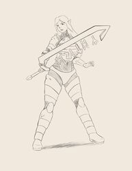 absurd_res armor audiophilekitsune black_and_white elf female graphite_(artwork) hi_res humanoid iona_itova melee_weapon monochrome navel not_furry pencil_(artwork) simple_background solo sword traditional_media_(artwork) weapon white_background