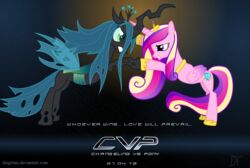 2012 alicorn alien_vs._predator_(franchise) angry antennae_(anatomy) arthropod black_background black_body blonde_hair blue_hair changeling crown cutie_mark diegotan duo english_text equid equine eye_contact feathered_wings feathers female feral fight friendship_is_magic green_eyes hair hasbro headgear hi_res horn insect_wings looking_at_another mammal multicolored_hair my_little_pony mythological_creature mythological_equine mythology parody pink_body pink_feathers pink_hair poster poster_template princess_cadance_(mlp) purple_eyes purple_hair quadruped queen_chrysalis_(mlp) simple_background tail text url wings