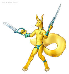 abstract_background anthro bottomwear bulge citra clothed clothing digital_media_(artwork) fluffy fluffy_tail fur holding_object holding_weapon jewelry loincloth male mammal necklace ring simple_background solo tail tattoo text topless weapon yellow_body yellow_fur zaush