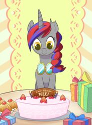 baked_goods blue_hair cake candle cupcake dessert equid equine eyewear fan_character female food fruit gift goggles grey_body hair hasbro hi_res horn madmax mammal multicolored_hair my_little_pony mythological_creature mythological_equine mythology plant red_hair smile solo strawberry terrafirma text two_tone_hair unicorn yellow_eyes