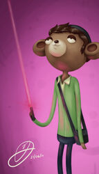 2011 4:7 adventure_time anthro bear big_head brown_body brown_fur brown_hair cartoon_network clothed clothing fully_clothed fur hair hat headgear headwear holding_object laser male mammal on_model party_bear party_pat pink_background short_hair shoulder_bag simple_background solo standing toony unknown_artist