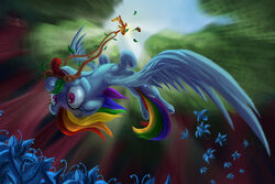 2012 3:2 applejack_(mlp) blonde_hair blue_body blue_feathers blue_fur clothing cowboy_hat cutie_mark detailed_background duo earth_pony equid equine falling feathered_wings feathers female feral flower forest friendship_is_magic fur green_eyes hair halter harness hasbro hat headgear headwear horse leaf mammal micro multicolored_hair my_little_pony mythological_creature mythological_equine mythology nature outside pegasus pink_eyes plant poison_joke pony quadruped rainbow_dash_(mlp) rainbow_hair scenery simple_background tail tongue tongue_out tree tsitra360 upside-down wings wood