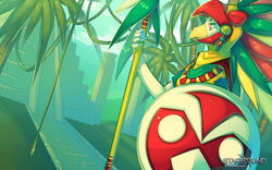 16:10 ambiguous_gender anthro avian avian_(starbound) aztec beak biped fetalstar forest hi_res holding_object holding_weapon jungle nature outside plant red_eyes regalia shield solo standing starbound temple text tree tribal url wallpaper weapon widescreen