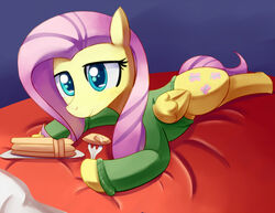 bed blue_eyes clothing cutie_mark cutlery equid equine feathered_wings feathers female feral fluttershy_(mlp) food fork friendship_is_magic furniture hasbro kitchen_utensils looking_at_viewer lying mammal my_little_pony mythological_creature mythological_equine mythology negativefox pancake pegasus solo tail tools wings yellow_body yellow_feathers