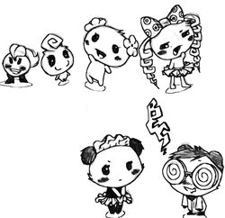 anthro black_and_white buttercup_saiyan chibi female group huge_head male monochrome nintendo pen_(artwork) simple_background spiral_eyes tamagotchi toony traditional_media_(artwork) white_background