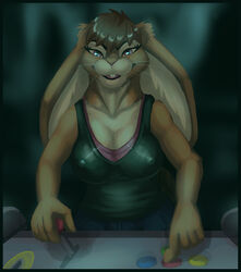 anthro arcade breasts cleavage clothed clothing digital_media_(artwork) female gaming lagomorph leporid mammal playing_video_game rabbit solo whiskers zambuka