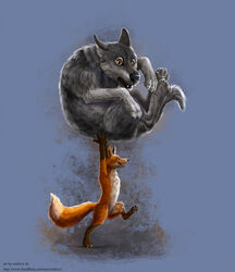 2012 ambiguous_gender anthro canid canine canis duo eosfoxx feral fox mammal nude size_difference tail text url wolf