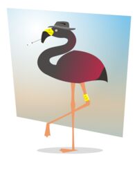 ambiguous_gender avian beak bird cigarette clothing coatl_(artist) digital_media_(artwork) fedora feral flamingo gradient_background hat headgear headwear long_neck melanistic ring simple_background smiley_face solo standing vector