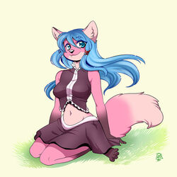 1:1 4_toes anthro biped blue_eyes blue_hair bottomwear breasts canid canine clothed clothing digital_media_(artwork) feet female fur gloves_(marking) grass hair high-angle_view inner_ear_fluff kneeling leg_markings long_hair low_res luckypan mammal markings navel pink_body pink_fur plant pose shaded sitting skirt smile socks_(marking) solo tail takimi toes tuft wind