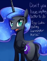 2012 alicorn black_body black_feathers blue_eyes blue_hair cutie_mark dialogue english_text equid equine feathered_wings feathers female feral friendship_is_magic hair hasbro horn looking_at_viewer mammal my_little_pony mythological_creature mythological_equine mythology negativefox nightmare_moon_(mlp) quadruped simple_background solo tail text wings