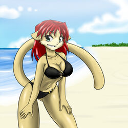 1:1 anthro beach bikini christopherlee clothed clothing cloud detailed_background domestic_cat felid feline felis female green_eyes hair likemaniac_(character) mammal nekonny outside red_hair sand seaside skimpy sky solo swimwear tail tight_clothing