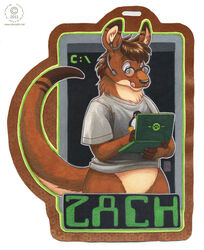 2011 anthro blue_eyes clothing console electronics fur geek hair headgear headphones headset kacey kangaroo macropod male mammal marsupial name_badge netbook solo tail zach_gregoire