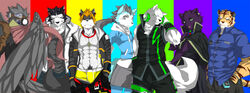 abs anthro arugo_tsudzurine avian beak biceps big_muscles canid canine canis clothing domestic_dog electronics feathered_wings feathers felid fur gekkou_himagane group headphones hi_res ikuto_waon kenn looking_at_viewer male mammal muscular muscular_male oyupo_kogane pantherine rou_kemonone sarasa_arujine sero_tsugumine tail tiger utau wings wolf