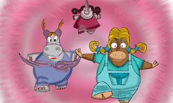 bovid bovine cartoon_network clothing common_hippopotamus female group hippopotamid joanie_ox latanya_hippo mammal margaret_rhino my_gym_partner&#039;s_a_monkey overweight rhinoceros unknown_artist