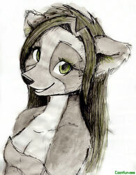 anthro bust_portrait coonkun female green_eyes hair looking_at_viewer mammal portrait procyonid raccoon simple_background sketch smile solo vivian_(coonkun) white_background