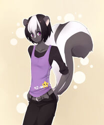 anthro axel_(nataly-b) belt bottomwear clothing femboy hair hand_on_butt hi_res male mammal mephitid multicolored_hair nedoiko pants purple_eyes shirt skunk solo tail tank_top topwear