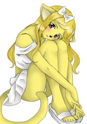 2011 alpha_channel angelina_onyx anthro blonde_hair bottomwear clothing deity domestic_cat feet felid feline felis female footwear hair humanoid_feet mammal muriel patrickgainher plantigrade sandals shy simple_background skirt solo tail