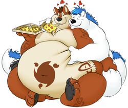 anthro anthro_on_anthro bear belly_rub canid canine cheese cuddling dairy_products duo eating feeding fondling food grope hug hybrid kronexfire love_handles male male/male mammal melted_cheese moobs nude obese overeating overweight pizza stuffing tail thick_tail weight_gain