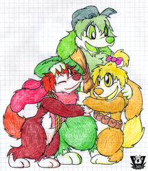 ambiguous_gender anthro bink biped canid canine canis clothing crayon_(artwork) dink_(fluppy_dogs) disney domestic_dog female fluppy_dogs full-length_portrait fur graph_paper green_body green_eyes green_fur group hat headgear headwear male mammal mixed_media ozzie pen_(artwork) portrait red_body red_eyes red_fur rope side_view standing tail traditional_media_(artwork) valery91thunder yellow_body yellow_eyes yellow_fur