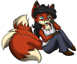 anthro black_hair blue_eyes canid canine dipstick_tail female fox hair mammal markings sally_eliwood sarsis solo tail tail_markings