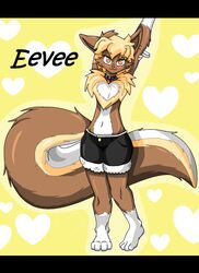 4_toes 5_fingers anthro anthrofied barefoot belly big_eyes big_tail biped black_bars blush bottomwear brown_body brown_fur canid canine cel_shading clothed clothing collar eevee feet fingers front_view fur fur_trim_(clothing) generation_1_pokemon gloves_(marking) hair hand_behind_head heart_symbol holding_arm leg_markings looking_at_viewer male mammal markings nintendo orange_body orange_fur orange_hair plantigrade pokeball pokeball_collar pokemon pokemon_(species) pokemorph pose raised_arm shaded short_hair shorts smile socks_(marking) solo species_name standard_pokeball tail text toes topless unknown_artist white_belly white_body white_fur