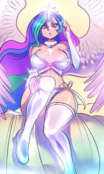 alternate_species armwear bed big_breasts blue_hair blush bottomwear breasts cleavage cleavage_overflow clothed clothing collar collar_tag crown curvy_figure elbow_gloves eyebrows eyelashes eyeliner feathered_wings feathers female flowing_hair friendship_is_magic front_view furniture glistening glistening_armwear glistening_body glistening_bottomwear glistening_breasts glistening_clothing glistening_eyes glistening_hair glistening_legwear glistening_skin glistening_topwear gloves green_hair hair half-closed_eyes handwear hasbro headgear horn horned_humanoid humanoid humanoidized legwear light long_hair looking_at_viewer low-angle_view makeup maniacpaint mascara midriff multicolored_body multicolored_feathers multicolored_hair my_little_pony narrowed_eyes not_furry on_bed pale_skin pink_body pink_feathers pink_hair princess princess_celestia_(mlp) purple_eyes purple_hair royalty shadow simple_background sitting skimpy small_waist solo sparkles spread_wings stockings teeth thick_thighs topwear unicorn_horn wavy_hair white_body white_clothing white_collar white_feathers white_horn wide_hips winged_humanoid wings yellow_background