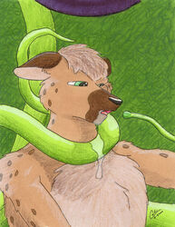 ambiguous_gender asphyxiation choking dripping eggplant food forced fruit green_eyes guppy_(artist) hyena male mammal plant root solo spotted_hyena stuck tentacle trapped