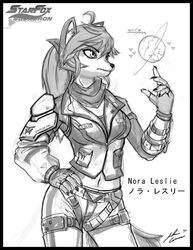 anthro black_border border canid canine clothing costume female greyscale jecbrush low_res mammal monochrome nintendo nora_leslie nora_vulpes_leslie simple_background sketch solo star_fox white_background