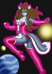 anthro aura blackwind_zero breasts brown_hair canid canine cleavage clothed clothing cosplay dc_comics female fox fur green_lantern_(series) grey_body grey_fur hair lantern_corps mammal pink_clothing power_ring skinsuit solo space star star_sapphire tail tight_clothing