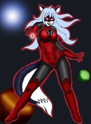 anthro aura black_body black_fur blackwind_zero bodysuit canid canine clothing cosplay costume dc_comics female fox fur green_lantern_(series) lantern_corps mammal power_ring red_clothing skinsuit solo space tail tight_clothing