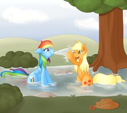 applejack_(mlp) blonde_hair blue_body blue_feathers blue_fur clothing cloud cowboy_hat cutie_mark digital_media_(artwork) duo earth_pony equid equine feathered_wings feathers female feral friendship_is_magic fur green_eyes hair hasbro hat headgear headwear hi_res horse mammal multicolored_hair multicolored_tail my_little_pony mythological_creature mythological_equine mythology one_eye_closed orange_body orange_fur outside pegasus plant pony purple_eyes rainbow_dash_(mlp) rainbow_hair rainbow_tail ratofdrawn shrub sky tail tree water wet wings wood