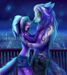 2012 angelos anthro blue_eyes canid canine clothed clothing collar cool_colors duo eipril felid female hair hi_res jinxy_falina love male mammal moon night outside rooftop star tail tattoo topless white_hair