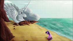 16:9 4k absurd_res alicorn beach black_border border cloud cutie_mark detailed_background equid equine feathered_wings feathers female feral friendship_is_magic fur hair hasbro hi_res horn mammal multicolored_hair my_little_pony mythological_creature mythological_equine mythology outside planet_of_the_apes princess princess_celestia_(mlp) purple_body purple_fur purple_hair rock royalty sand sculpture seaside sky solo statue stinkehund tail twilight_sparkle_(mlp) two_tone_hair water widescreen wings