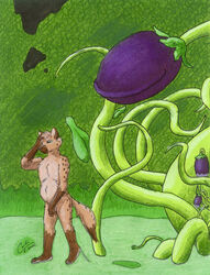 ambiguous_gender anthro asphyxiation choking confusion dripping eggplant food forced fruit green_eyes guppy_(artist) hyena leaf male mammal plant roots smile solo spotted_hyena stomach_bulge stuck tail tentacle