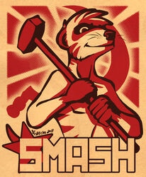 2011 anthro character_name communism eevachu gloves_(marking) hammer hammer_and_sickle herpestid hi_res holding_object holding_tool male mammal markings meerkat name_badge nude politics restricted_palette sledgehammer smashmeerkat smile solo stripes tools whiskers year