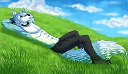 abs anthro biped blue_body blue_fur canid canine canis cigarette claws clothed clothing collar fur grass green_eyes hair koorimizu lying male mammal on_back plant pose relaxing smoke smoking solo tail toe_claws topless v-cut wolf wolfy_(chaoticicewolf)