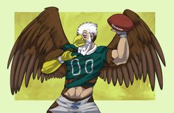 accipitrid accipitriform american_football anthro avian bald_eagle ball beak bird bottomwear clothing competition_number eagle eye_black gridiron_ball holding_ball holding_object jersey male nfl number number_on_clothing number_on_jersey number_on_topwear number_print pheagle philadelphia_eagles print_clothing print_jersey print_topwear scales sea_eagle shirt shorts solo sport swoop_(philadelphia_eagles) topwear torn_clothing transformation underwear valentinapaz