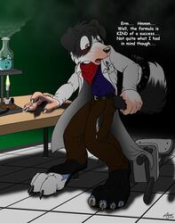 2012 anthro bunsen_burner canid canine canis catmonkshiro chair clothing domestic_dog english_text furniture hi_res laboratory_equipment male mammal paws potion scientific_instrument snout solo tail text torn_clothing transformation