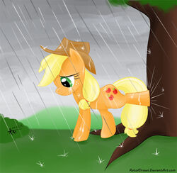 applejack_(mlp) blonde_hair bodily_fluids clothing cloud cowboy_hat crying cutie_mark digital_media_(artwork) earth_pony equid equine female feral friendship_is_magic fur grass green_eyes hair hasbro hat headgear headwear horse mammal my_little_pony orange_body orange_fur outside overcast plant pony quadruped raining ratofdrawn sad sky solo tail tears tree wood