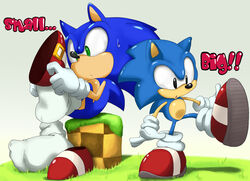 2012 age_difference alternate_costume anthro biped black_eyes blue_body blue_fur blue_hair bodily_fluids classic_sonic classic_sonic_(universe) clothing clothing_swap digital_media_(artwork) duo english_text eulipotyphlan footwear fur gloves grass green_eyes green_hill_zone grey_background hair handwear hedgehog male mammal open_mouth past_meets_present plant plantigrade red_clothing red_footwear red_shoes sega shoes shoppaaaa simple_background sitting size_difference socks sonic_the_hedgehog sonic_the_hedgehog_(series) square_crossover standing sweat text white_background white_clothing white_gloves white_handwear