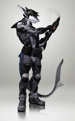 2012 absurd_res anthro armor blue_eyes countershading ear_piercing exosuit fin fish grin hair hi_res industrial_piercing machine male marine piercing riptide_(riptideshark) shark simple_background smile solo tail veramundis weapon