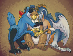 animate_inanimate anthro avian beak bird cuddling digital_media_(artwork) expandranon feathered_wings feathers feet group gryphon hug inflatable living_inflatable male mythological_avian mythological_creature mythology nude smile solarlay squeezing tail talons thestory toes wings