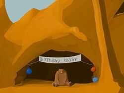 4:3 ambiguous_gender balloon banner bear birthday birthday_party black_eyes black_nose blue_mood brown_body brown_fur cave english_text feral fur inflatable mammal nedroid outside overweight overweight_ambiguous overweight_feral party sad sitting solo text wallpaper warm_colors