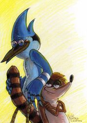 2012 anthro avian beak bird blue_jay cartoon_network copyright_symbol corvid duo hi_res jay_(bird) male mammal mordecai_(regular_show) new_world_jay nick_bondra oscine passerine phraggle procyonid raccoon regular_show rigby_(regular_show) symbol tail tail_grab traditional_media_(artwork)