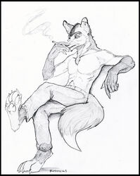 anthro biped black_border border canid canine canis cigarette clothed clothing ear_piercing full-length_portrait graphite_(artwork) industrial_piercing male mammal monochrome paws pencil_(artwork) piercing portrait reddyeno5 sitting sketch smoke smoking solo tail topless traditional_media_(artwork) wolf