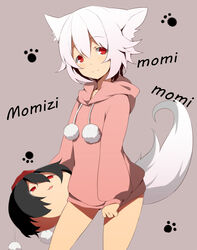 animal_humanoid black_hair bottomless canid canid_humanoid canine canine_humanoid canis clothed clothing dog_humanoid domestic_dog duo female hair hat headgear headwear hi_res hotto_kan humanoid kimeemaru mammal mammal_humanoid momiji_inubashiri pom_clothing pom_hoodie red_eyes shameimaru_aya short_hair smile sweater tail tokin_hat topwear touhou white_hair yukkuri_shiteitte_ne