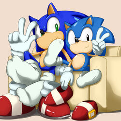 1:1 age_difference anthro blue_body blue_fur blue_hair classic_sonic classic_sonic_(universe) clothing duo eulipotyphlan footwear fur furniture green_eyes hair hedgehog male mammal past_meets_present sega shoes shoppaaaa side_mouth size_difference socks sofa sonic_the_hedgehog sonic_the_hedgehog_(series) square_crossover