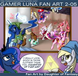 alicorn crossover crown cutie_mark daughter-of-fantasy derpy_hooves dialogue english_text equid equine feathered_wings feathers female feral friendship_is_magic fur god_of_war group hair hasbro headgear horn john_joseco kratos letterbox link lyra_heartstrings_(mlp) mammal mario mario_bros melee_weapon multicolored_hair my_little_pony mythological_creature mythological_equine mythology nintendo pegasus portal_(series) princess princess_cadance_(mlp) princess_celestia_(mlp) princess_luna_(mlp) purple_body purple_fur purple_hair quadruped royalty smile sony_corporation sony_interactive_entertainment sword tail text the_legend_of_zelda tiara triforce twilight_sparkle_(mlp) two_tone_hair unicorn url valve weapon wings